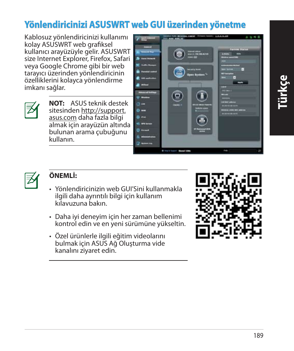 Tür kç e, Tür kç e tür kç e, Yönlendiricinizi asuswrt web gui üzerinden yönetme | Asus RT-AC68U User Manual | Page 189 / 260