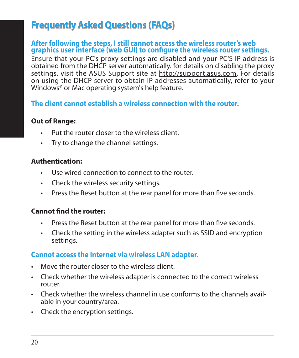 English, Frequently asked questions (faqs) | Asus RT-AC68U User Manual | Page 20 / 260