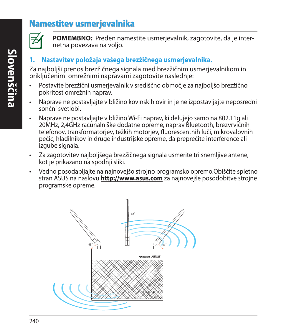 Slo venščina slo venščina, Namestitev usmerjevalnika | Asus RT-AC68U User Manual | Page 240 / 260