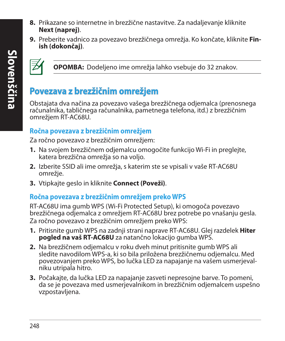 Slo venščina slo venščina, Povezava z brezžičnim omrežjem | Asus RT-AC68U User Manual | Page 248 / 260