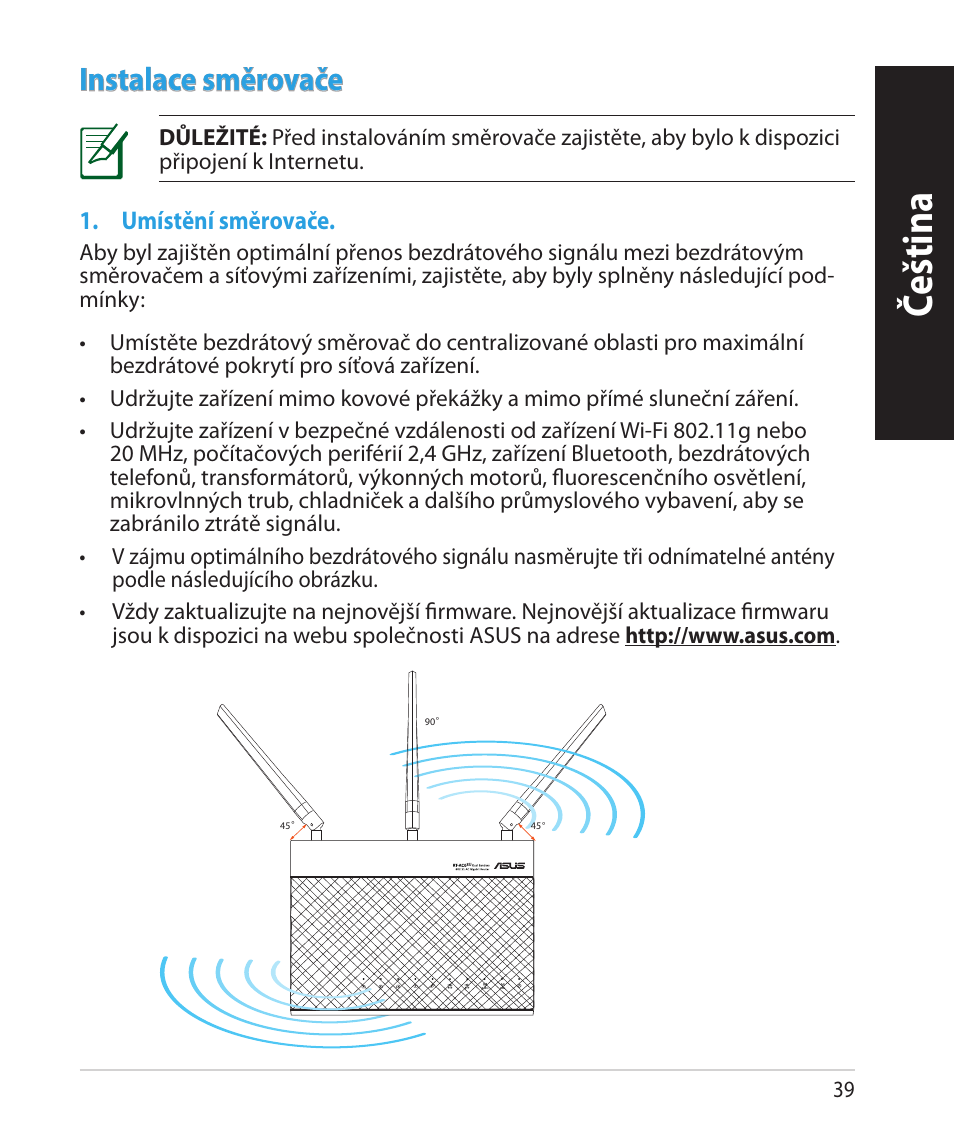 Čeština, Instalace směrovače | Asus RT-AC68U User Manual | Page 39 / 260