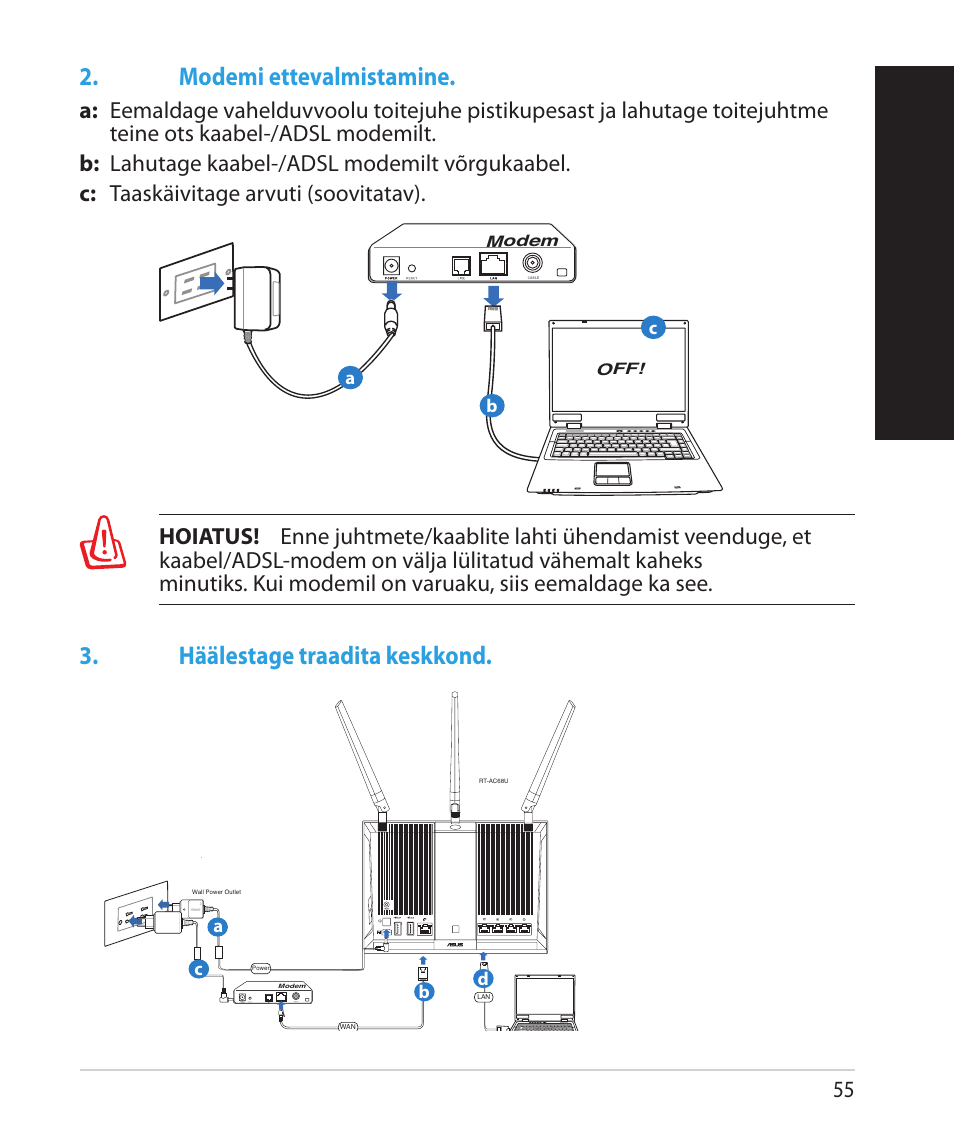 Eesti, Modemi ettevalmistamine, Häälestage traadita keskkond | Asus RT-AC68U User Manual | Page 55 / 260