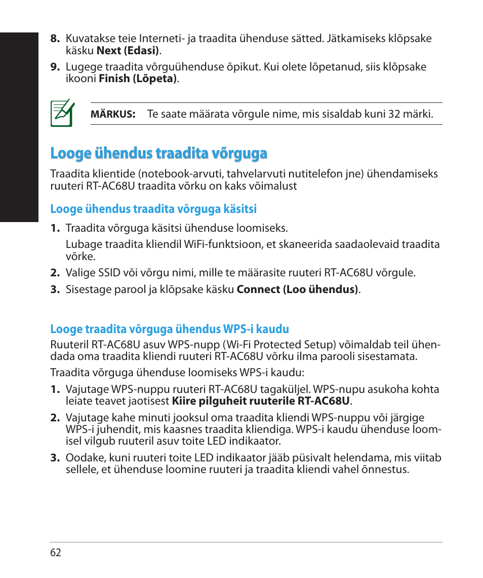 Eesti, Looge ühendus traadita võrguga | Asus RT-AC68U User Manual | Page 62 / 260