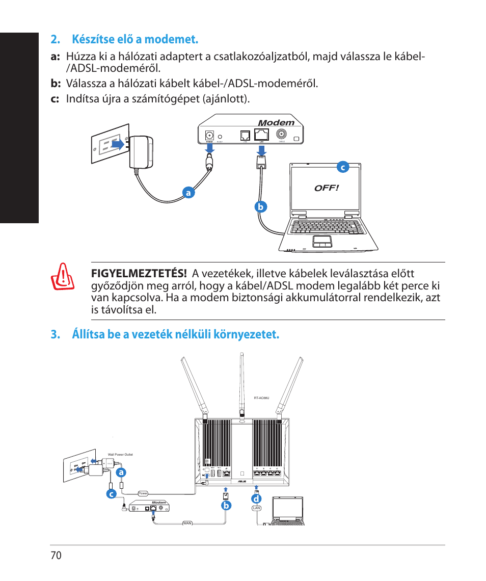 Magy ar, Készítse elő a modemet, Állítsa be a vezeték nélküli környezetet | Asus RT-AC68U User Manual | Page 70 / 260