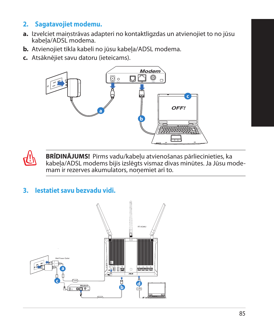 La tvisk i, Sagatavojiet modemu, Iestatiet savu bezvadu vidi | Asus RT-AC68U User Manual | Page 85 / 260