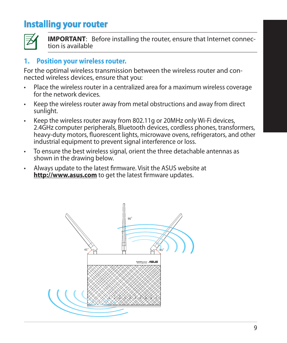 English, Installing your router | Asus RT-AC68U User Manual | Page 9 / 260