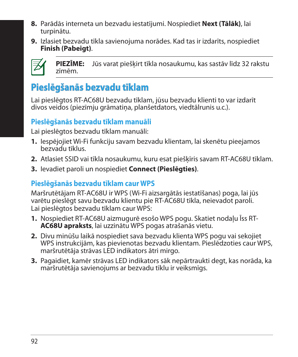 La tvisk i latvisk i, Pieslēgšanās bezvadu tīklam | Asus RT-AC68U User Manual | Page 92 / 260