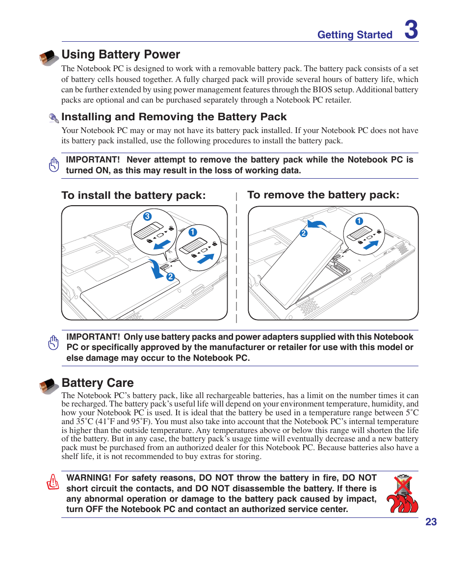 Using battery power, Battery care | Asus F5RL User Manual | Page 23 / 71