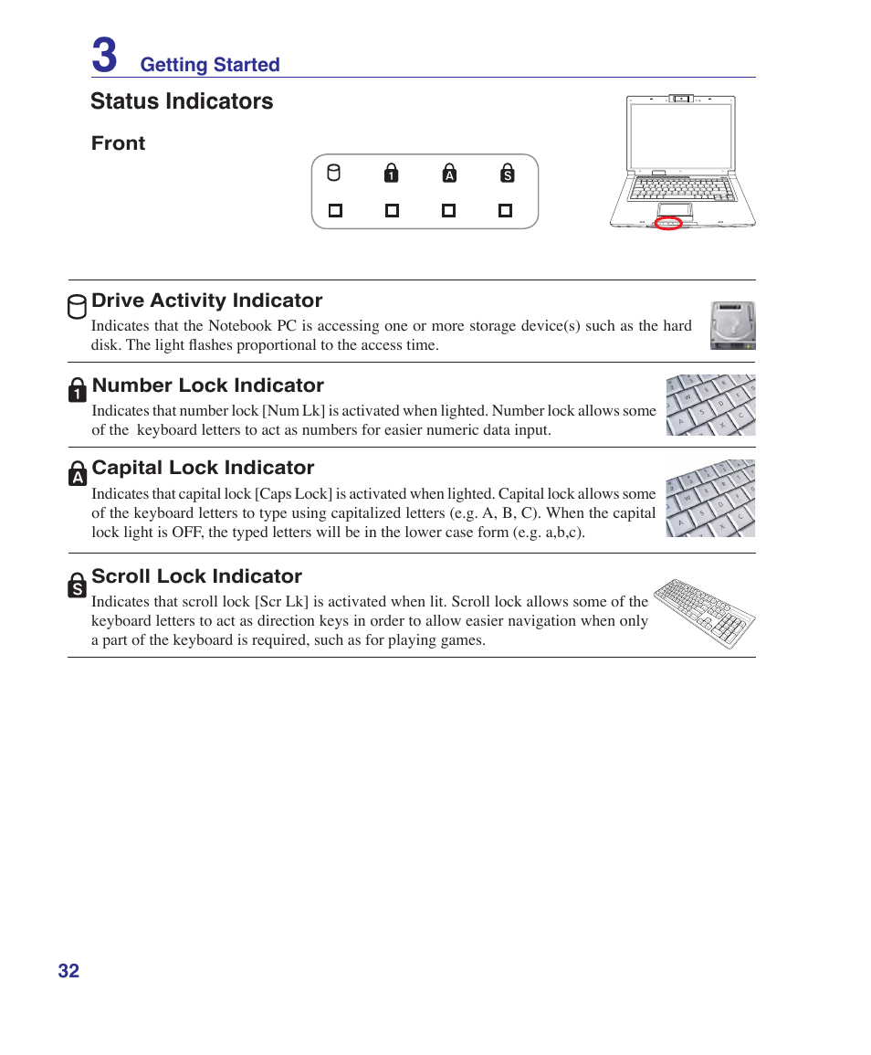 Status indicators | Asus F5RL User Manual | Page 32 / 71