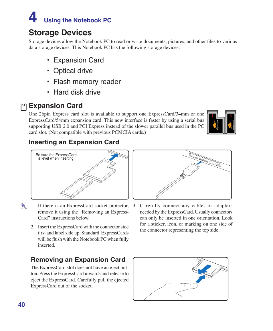 Storage devices, Expansion card | Asus F5RL User Manual | Page 40 / 71