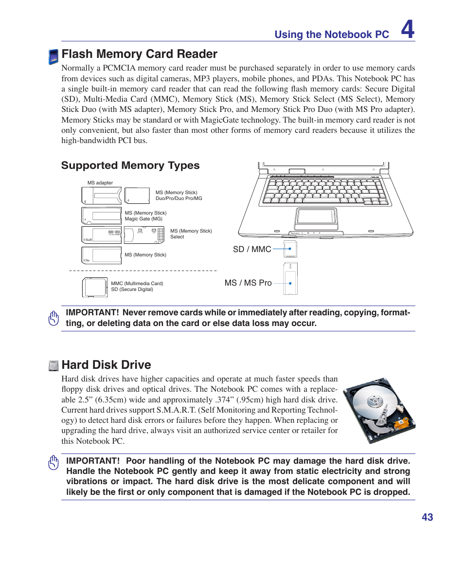 Flash memory card reader, Hard disk drive | Asus F5RL User Manual | Page 43 / 71