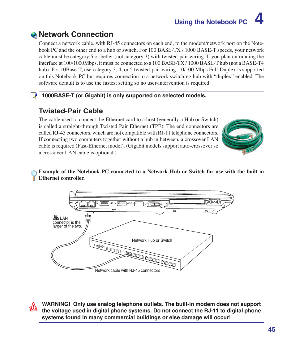 Network connection, Twisted-pair cable | Asus F5RL User Manual | Page 45 / 71