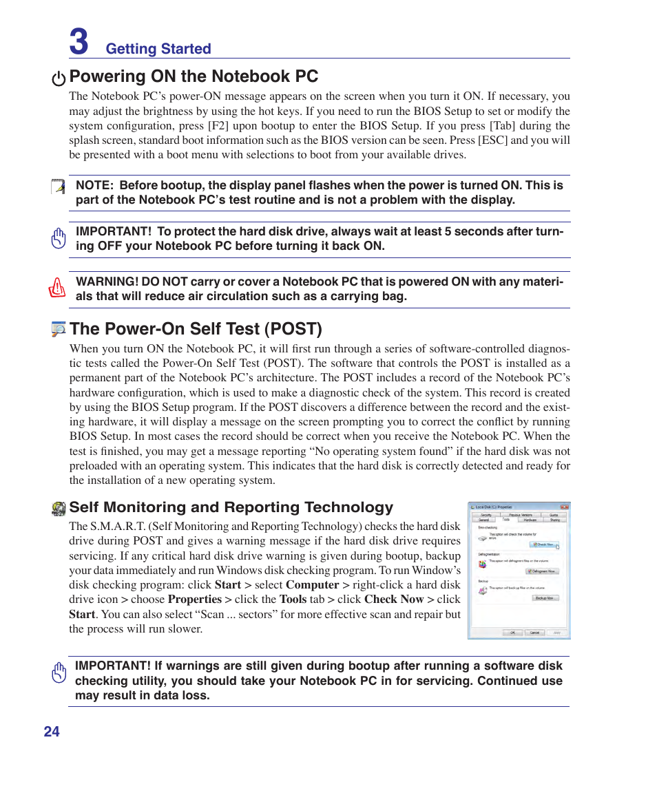 Powering on the notebook pc, The power-on self test (post) | Asus Z53U User Manual | Page 24 / 91