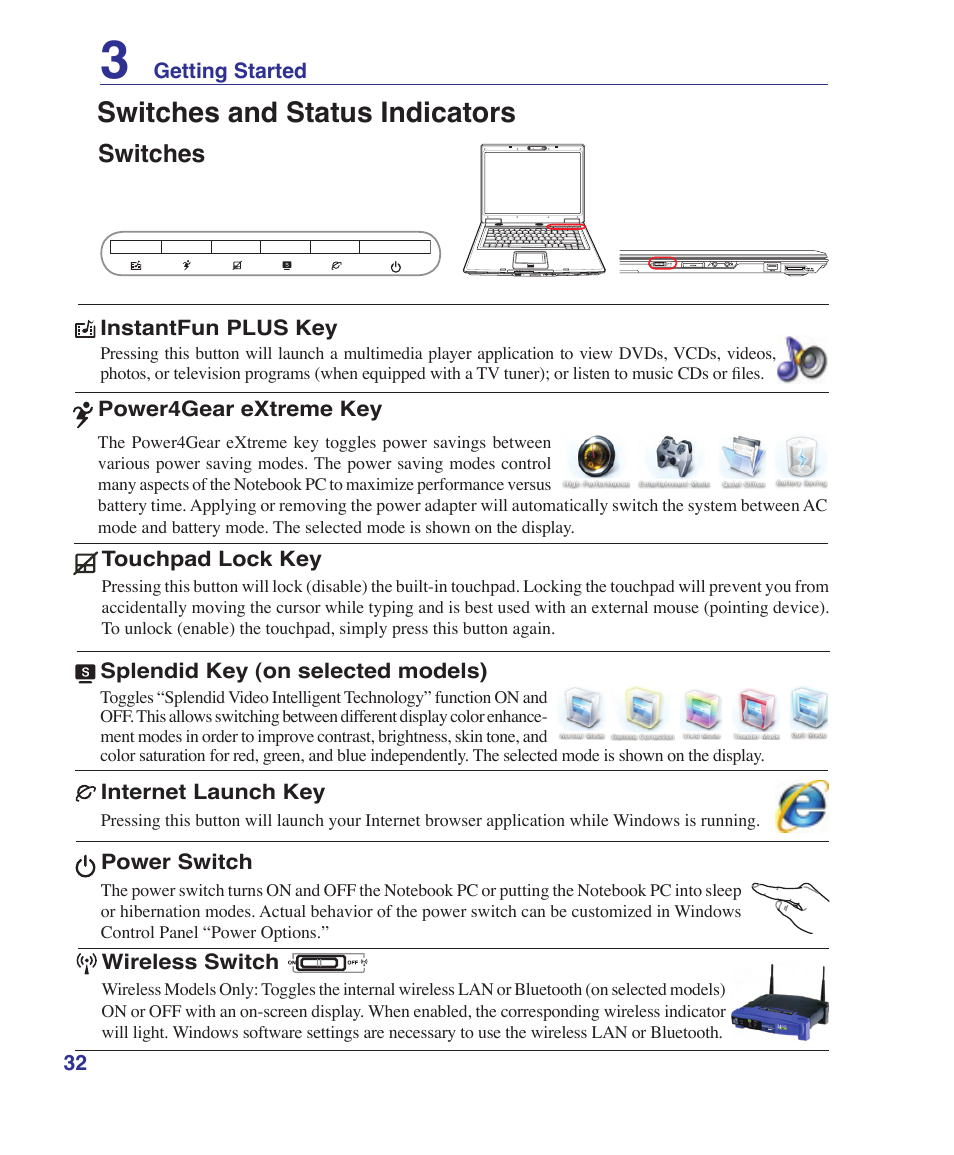 Switches and status indicators, Switches | Asus Z53U User Manual | Page 32 / 91