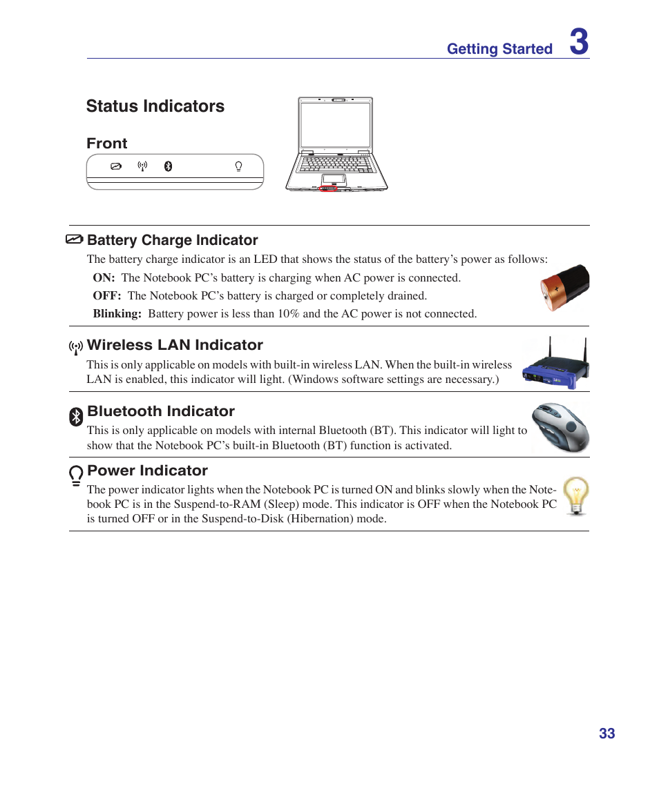 Status indicators | Asus Z53U User Manual | Page 33 / 91