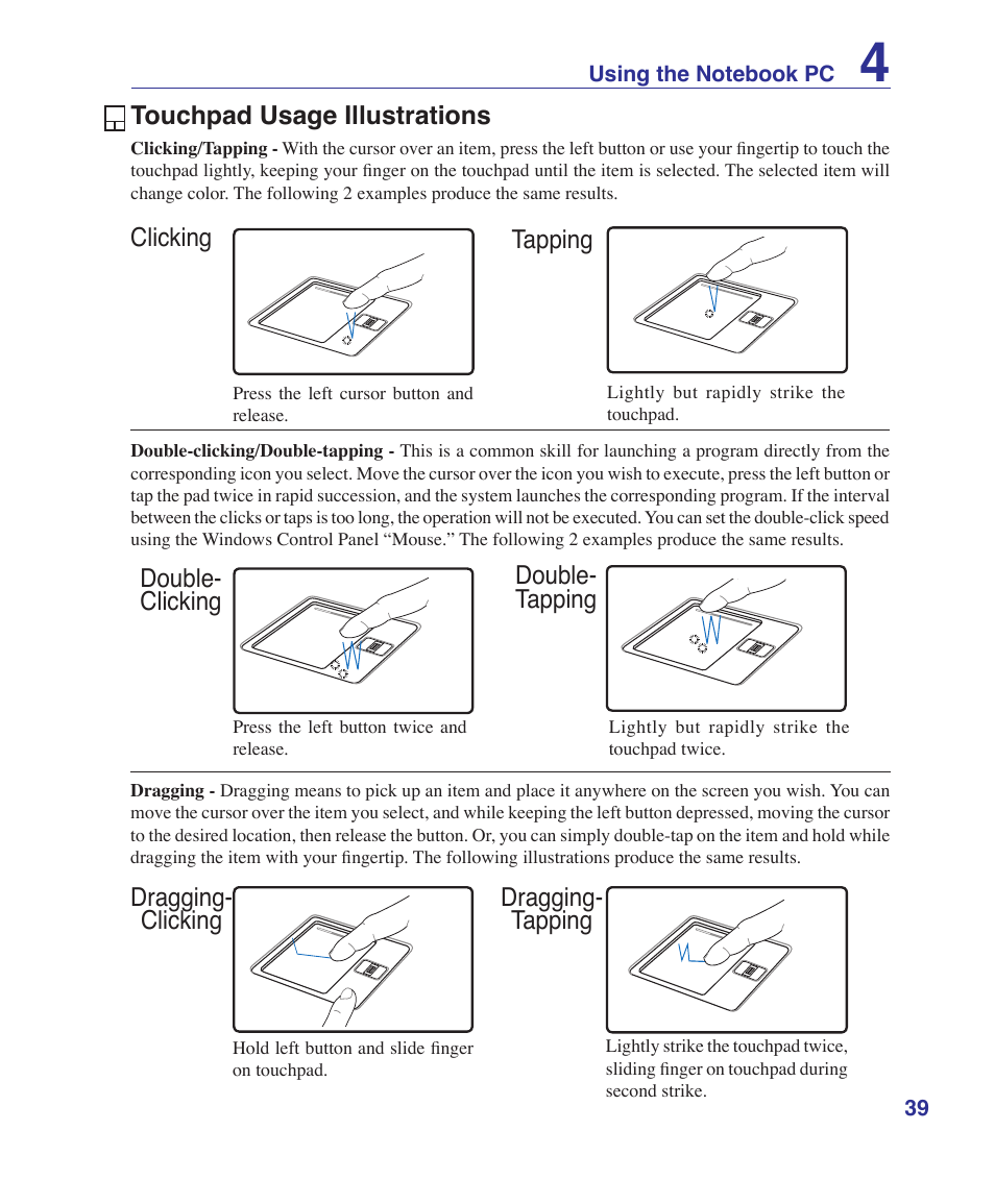 Touchpad usage illustrations | Asus Z53U User Manual | Page 39 / 91