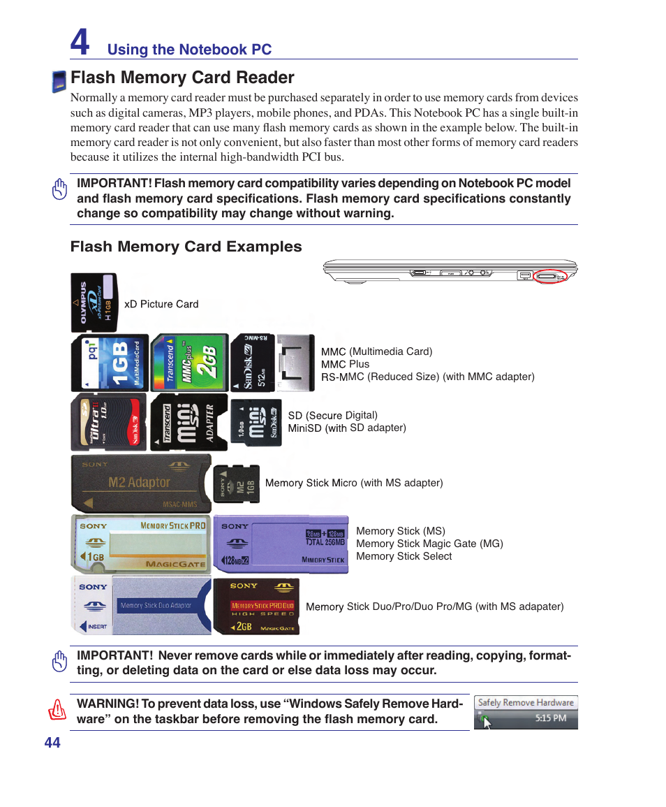 Flash memory card reader | Asus Z53U User Manual | Page 44 / 91