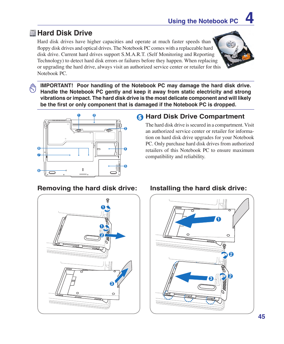 Hard disk drive, Hard disk drive compartment | Asus Z53U User Manual | Page 45 / 91