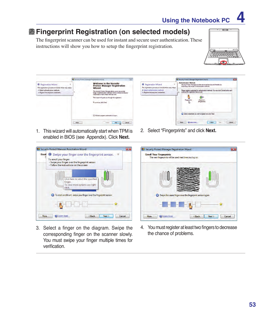 Fingerprint registration (on selected models) | Asus Z53U User Manual | Page 53 / 91