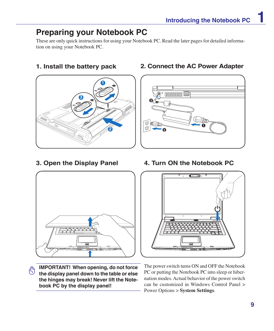 Preparing your notebook pc | Asus Z53U User Manual | Page 9 / 91