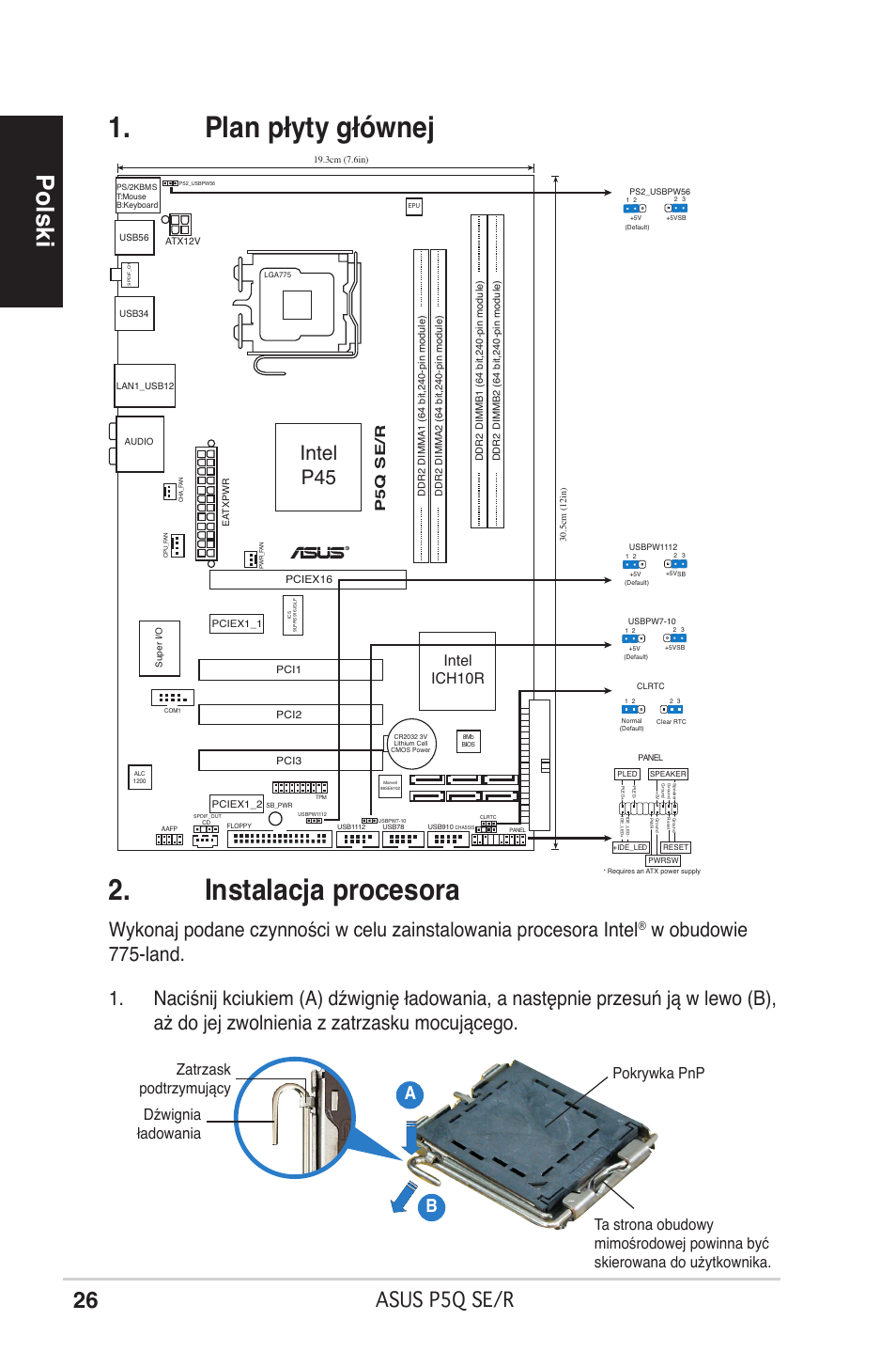 Plan płyty głównej 2. instalacja procesora, Polski, Asus p5q se/r | Intel p45, Ab b, Intel ich10r, P5q se/r | Asus P5Q SE/R User Manual | Page 26 / 50