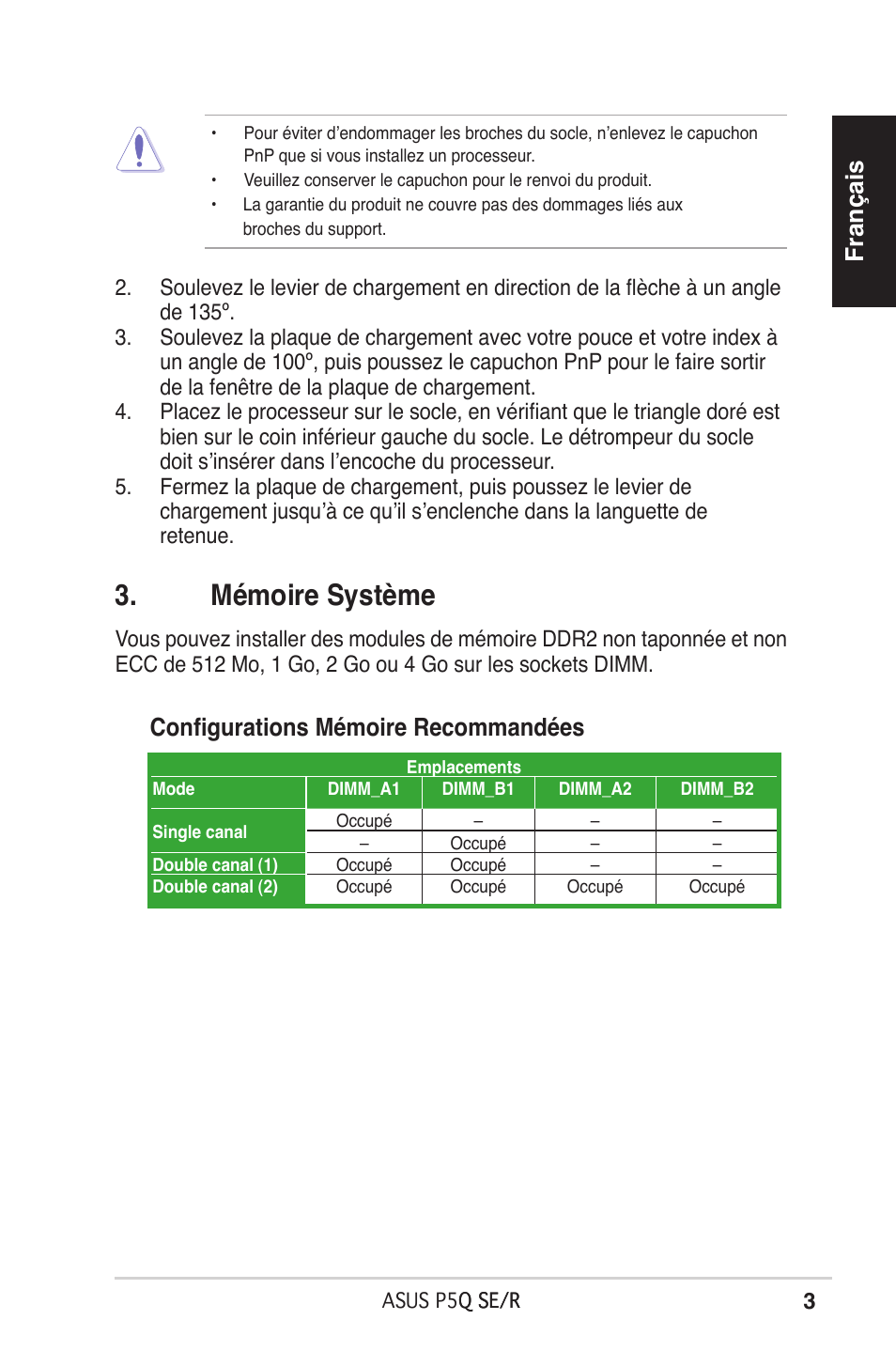 Mémoire système, Français, Configurations mémoire recommandées | Asus P5Q SE/R User Manual | Page 3 / 50