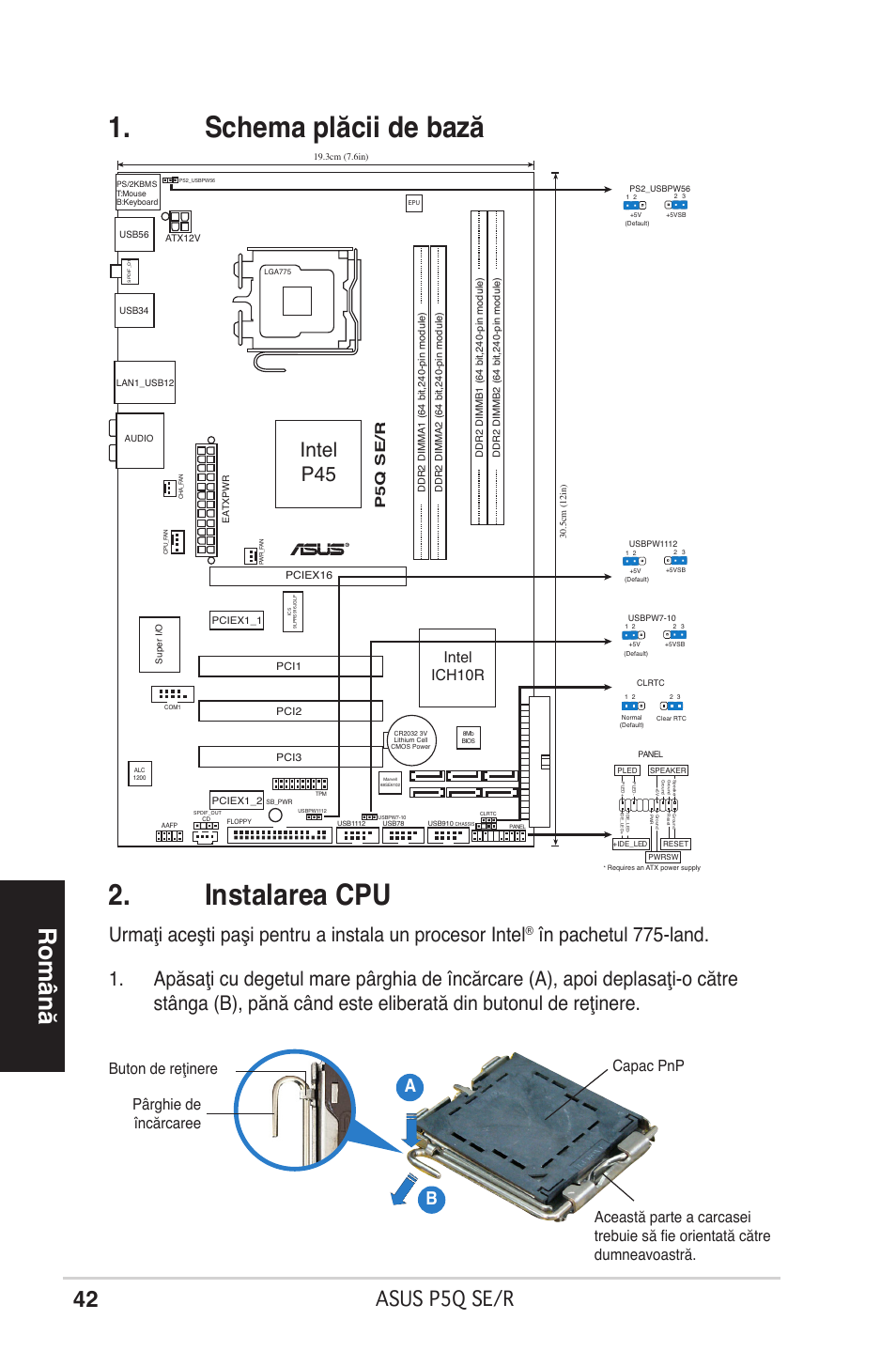 Schema plăcii de bază 2. instalarea cpu, Română, Asus p5q se/r | Intel p45, Ab b, Intel ich10r, P5q se/r | Asus P5Q SE/R User Manual | Page 42 / 50