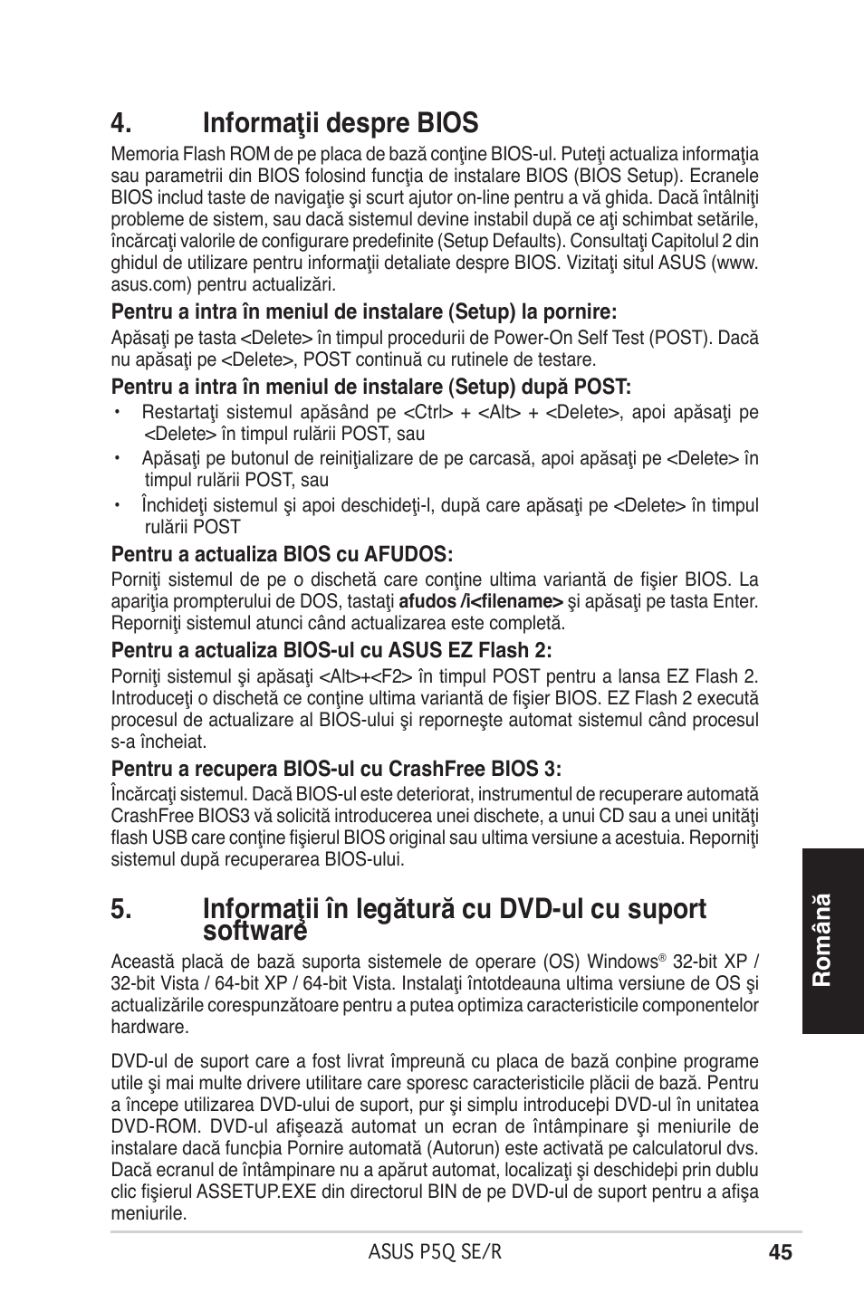 Informaţii despre bios, Română | Asus P5Q SE/R User Manual | Page 45 / 50