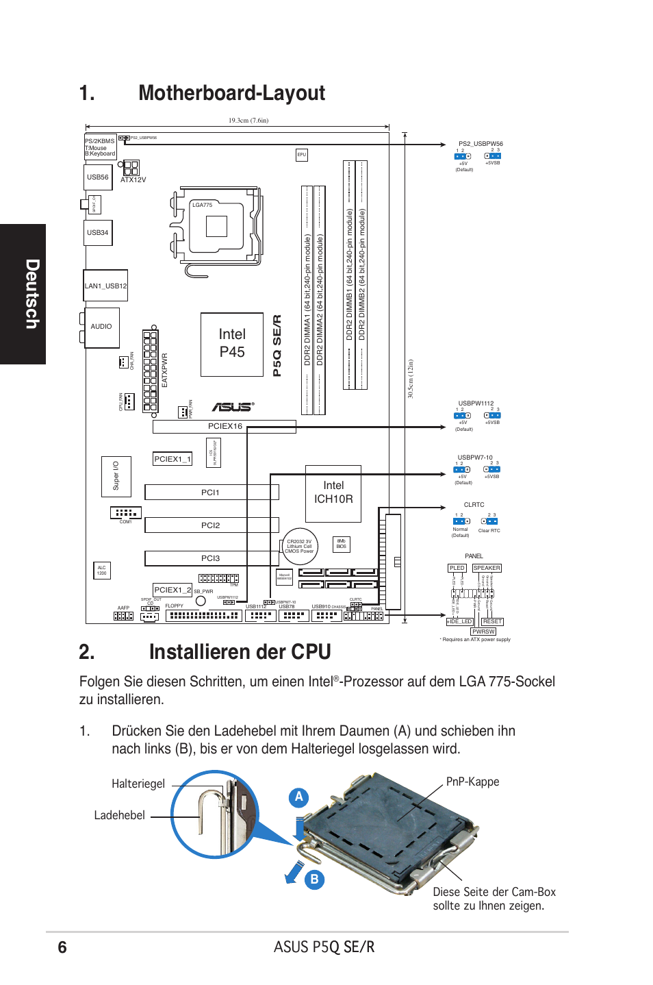Motherboard-layout 2. installieren der cpu, Deutsch, Asus p5q se/r q se/r | Folgen sie diesen schritten, um einen intel, Intel p45, Ab b, Intel ich10r, P5q se/r | Asus P5Q SE/R User Manual | Page 6 / 50