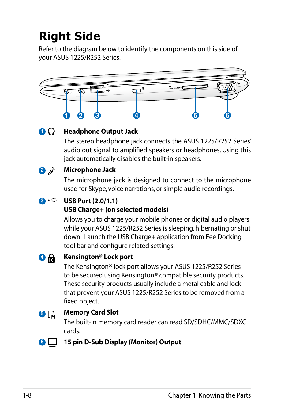 Right side, Right side -8 | Asus Eee PC R252C User Manual | Page 16 / 62