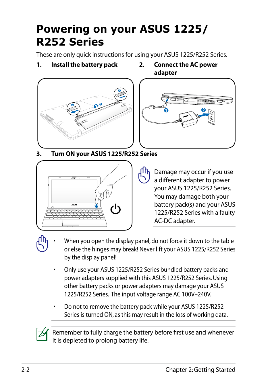 Powering on your asus 1225/r252 series, Powering on your asus 1225/r252 series -2 | Asus Eee PC R252C User Manual | Page 24 / 62