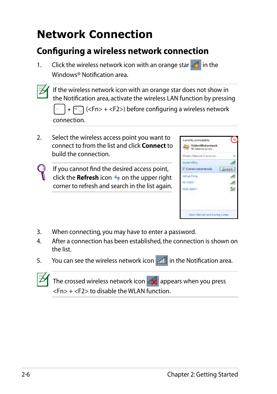 Network connection, Configuring a wireless network connection, Network connection -6 | Configuring a wireless network connection -6 | Asus Eee PC R252C User Manual | Page 28 / 62