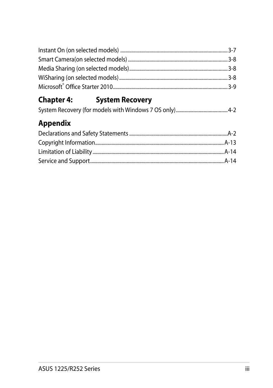 Chapter 4: system recovery, Appendix | Asus Eee PC R252C User Manual | Page 3 / 62