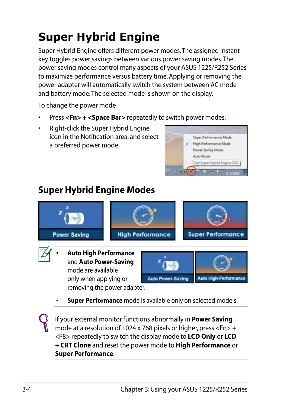 Super hybrid engine, Super hybrid engine modes, Super hybrid engine -4 | Super hybrid engine modes -4 | Asus Eee PC R252C User Manual | Page 36 / 62