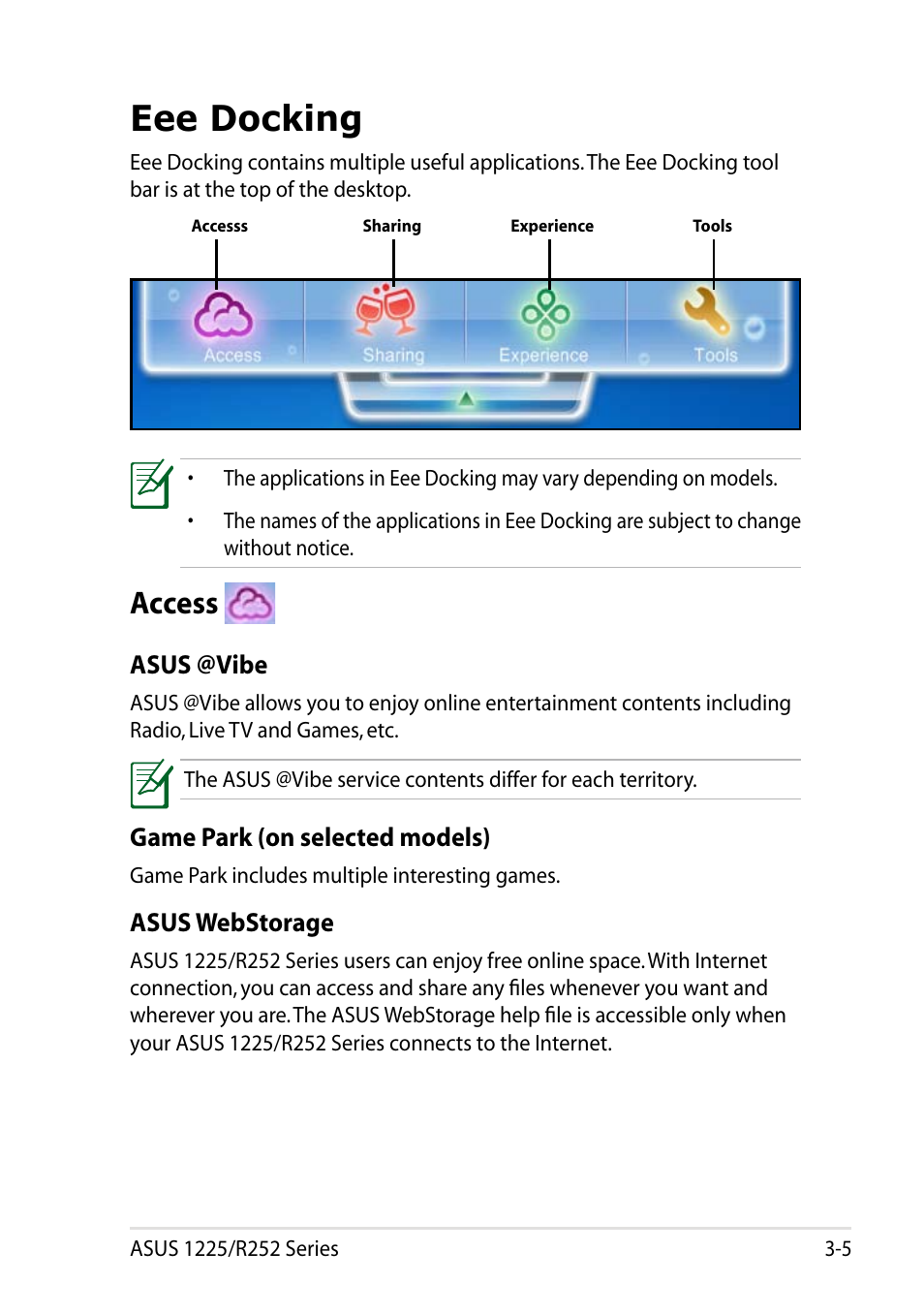 Eee docking, Access, Eee docking -5 | Access -5 | Asus Eee PC R252C User Manual | Page 37 / 62