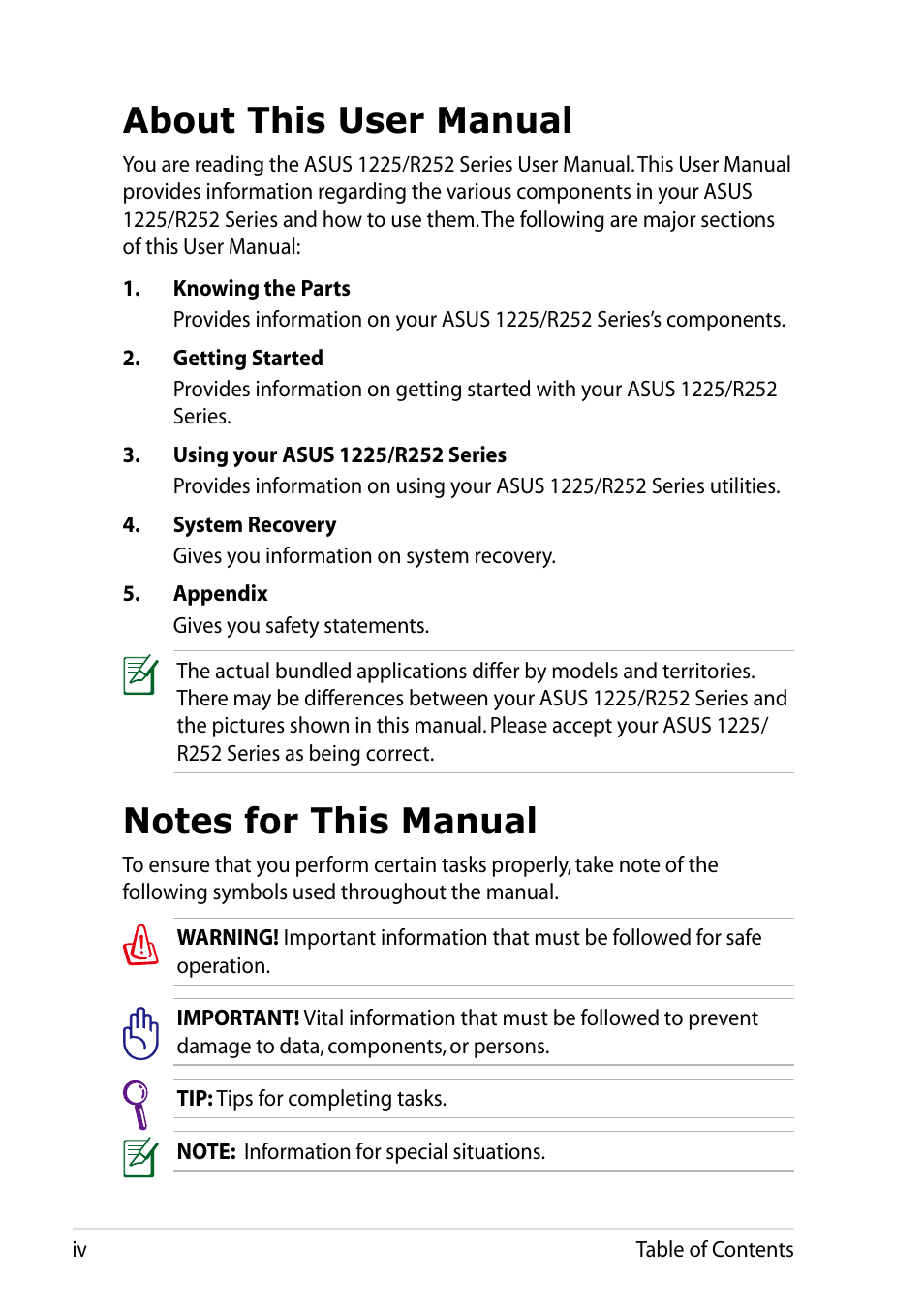 About this user manual, Notes for this manual | Asus Eee PC R252C User Manual | Page 4 / 62