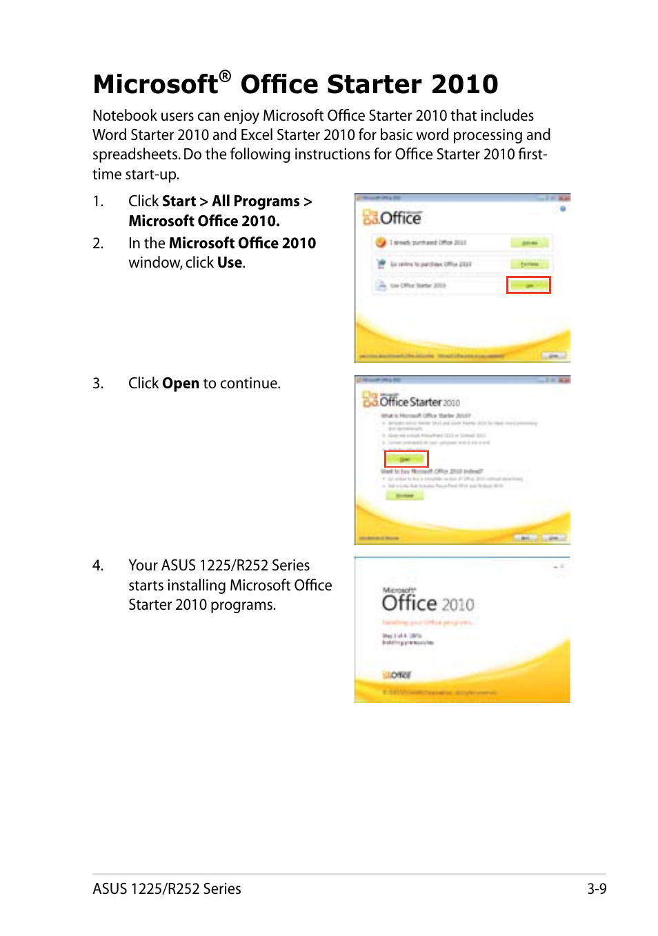 Microsoft® office starter 2010, Microsoft, Office starter 2010 -9 | Office starter 2010 | Asus Eee PC R252C User Manual | Page 41 / 62