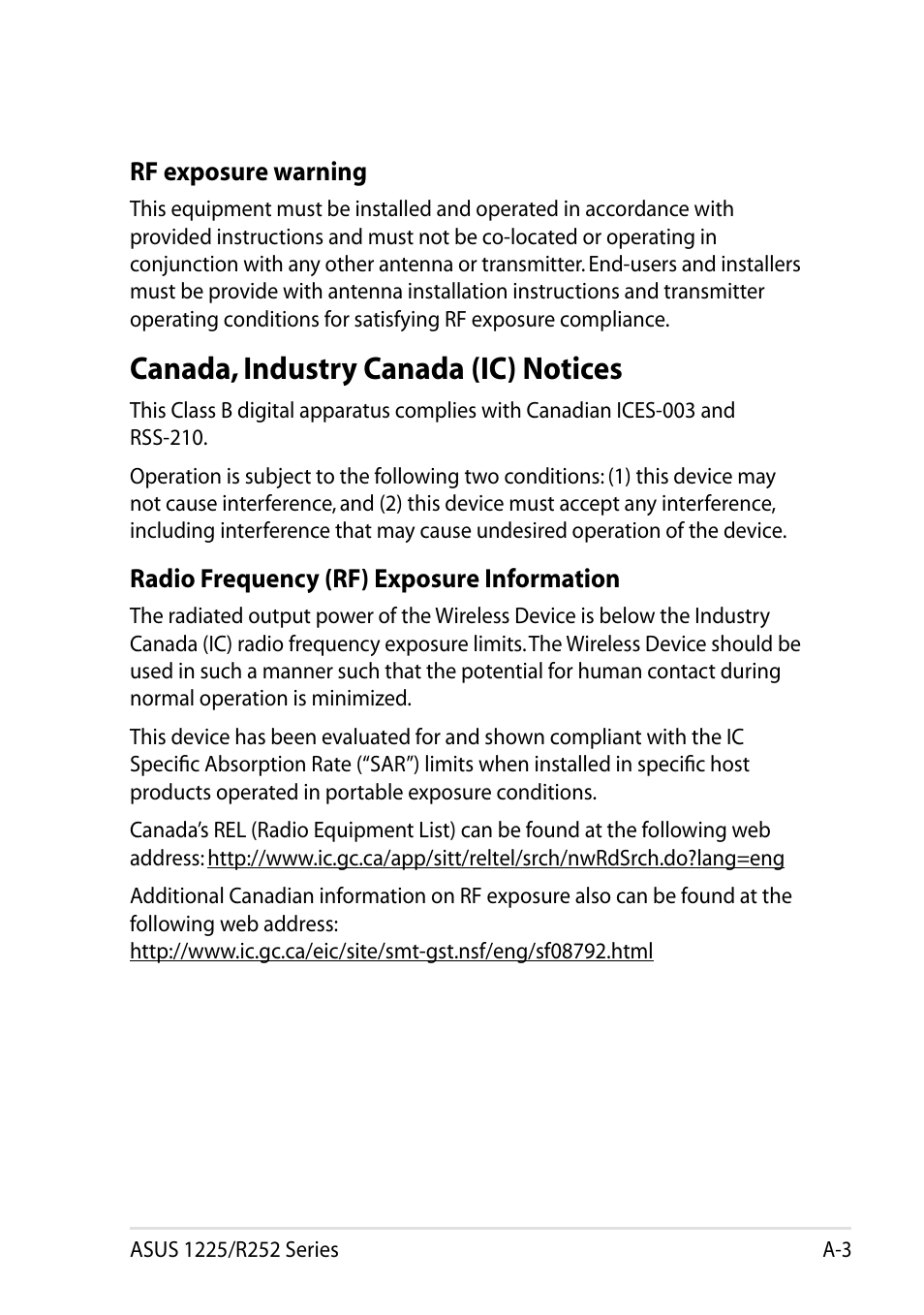 Canada, industry canada (ic) notices | Asus Eee PC R252C User Manual | Page 51 / 62