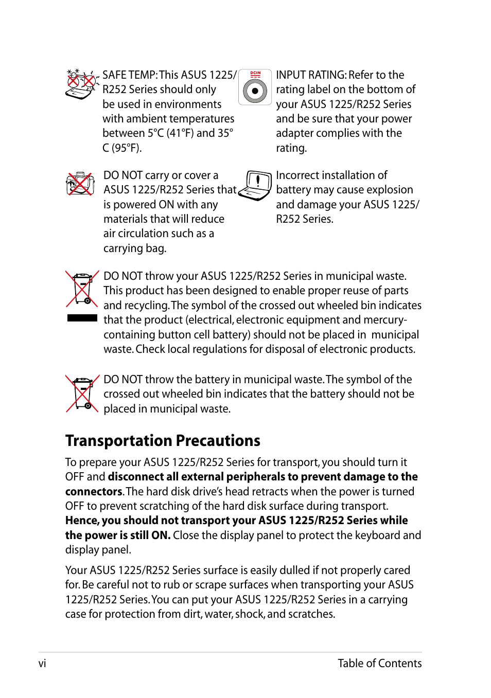 Transportation precautions | Asus Eee PC R252C User Manual | Page 6 / 62