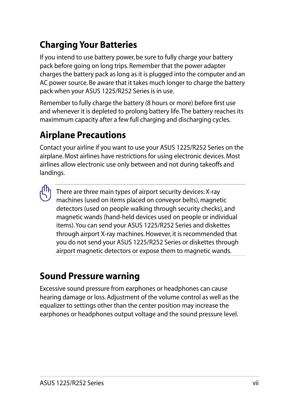 Charging your batteries, Airplane precautions, Sound pressure warning | Asus Eee PC R252C User Manual | Page 7 / 62