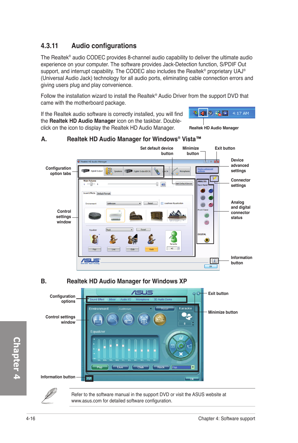 11 audio configurations, Audio configurations -16, Chapter 4 | A. realtek hd audio manager for windows, Vista, B. realtek hd audio manager for windows xp | Asus M5A97 PRO User Manual | Page 112 / 128