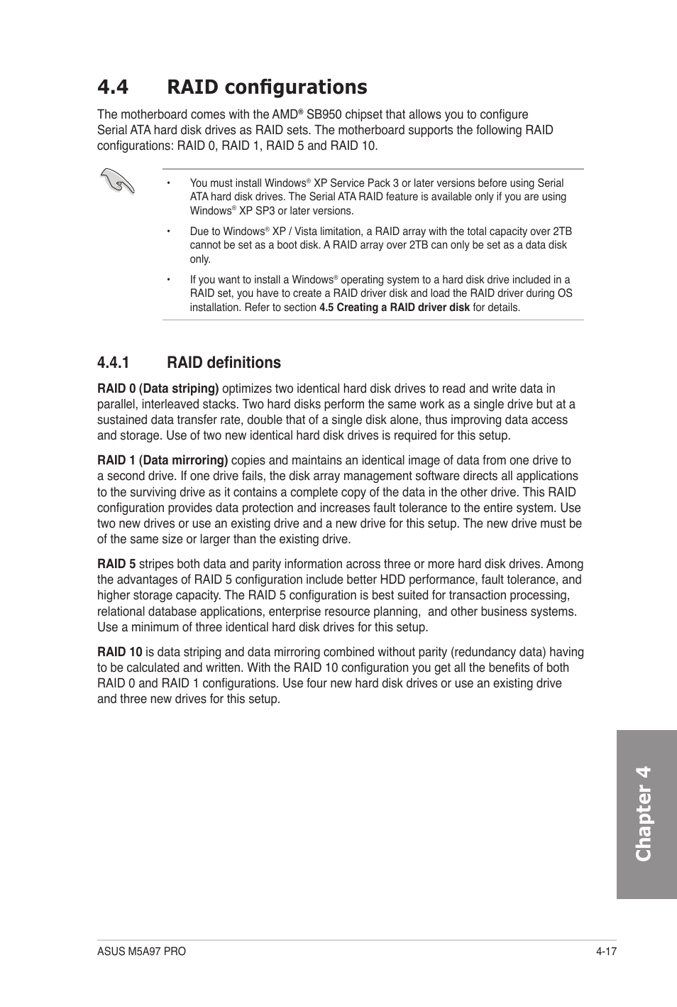 4 raid configurations, 1 raid definitions, Raid configurations -17 4.4.1 | Raid definitions -17, Chapter 4 4.4 raid configurations | Asus M5A97 PRO User Manual | Page 113 / 128