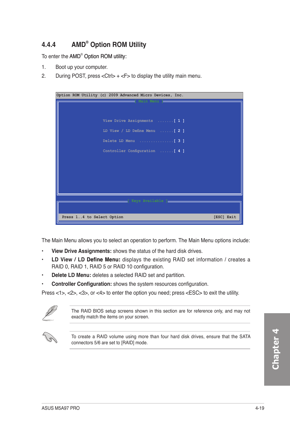 4 amd® option rom utility, Option rom utility -19, Chapter 4 | 4 amd, Option rom utility | Asus M5A97 PRO User Manual | Page 115 / 128