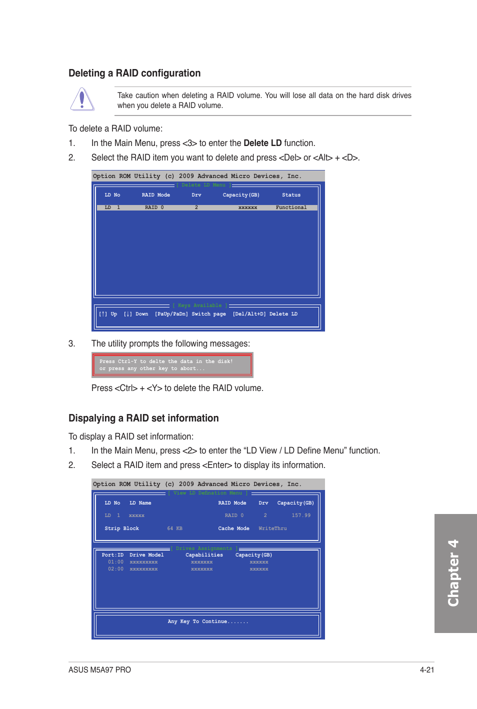 Chapter 4, Deleting a raid configuration, Dispalying a raid set information | Asus M5A97 PRO User Manual | Page 117 / 128