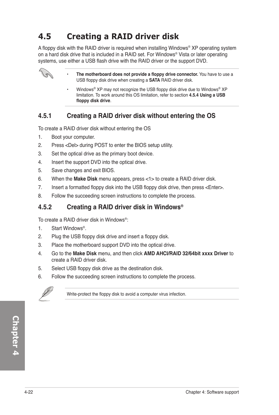 5 creating a raid driver disk, 2 creating a raid driver disk in windows, Creating a raid driver disk -22 4.5.1 | Creating a raid driver disk in windows, Chapter 4 4.5 creating a raid driver disk | Asus M5A97 PRO User Manual | Page 118 / 128