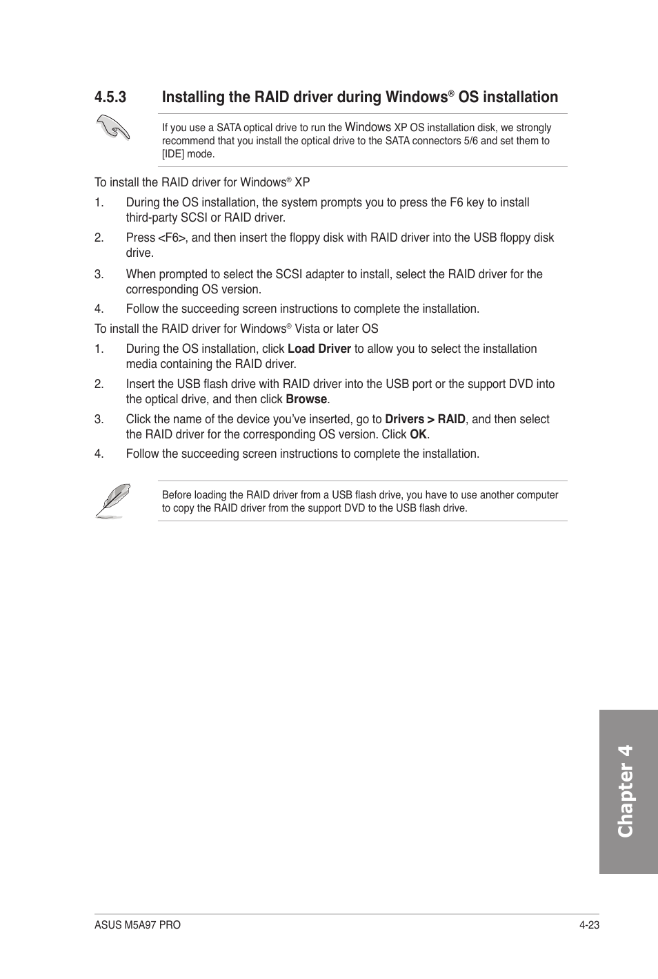 Installing the raid driver during windows, Os installation -23, Chapter 4 | 3 installing the raid driver during windows, Os installation | Asus M5A97 PRO User Manual | Page 119 / 128