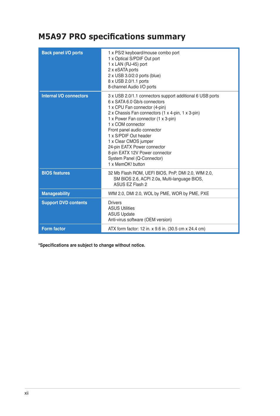 M5a97 pro specifications summary | Asus M5A97 PRO User Manual | Page 12 / 128