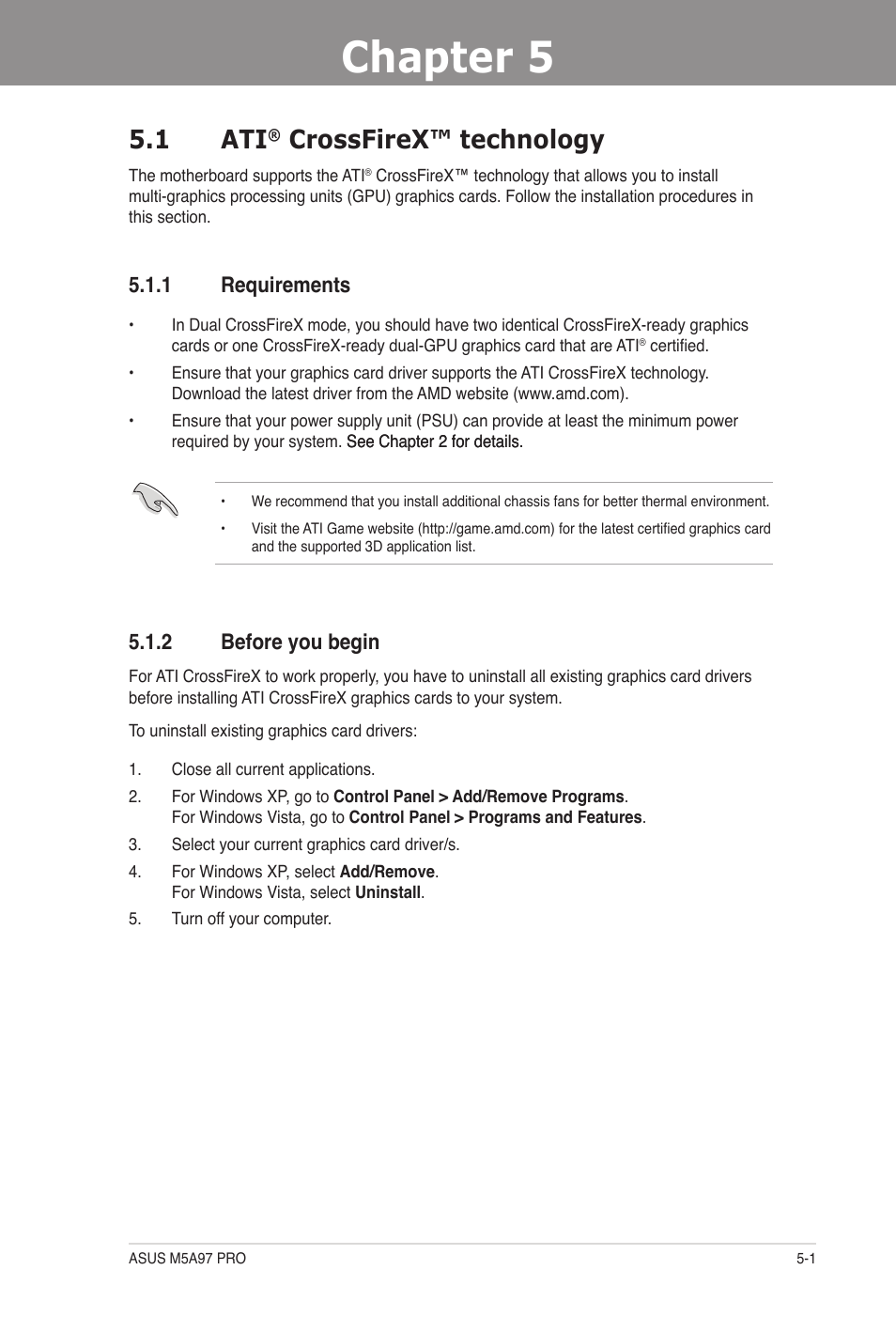 Chapter 5: multiple gpu technology support, 1 ati® crossfirex™ technology, 1 requirements | 2 before you begin, Chapter 5, Multiple gpu technology support, Crossfirex™ technology -1, Requirements -1, Before you begin -1, 1 ati | Asus M5A97 PRO User Manual | Page 123 / 128