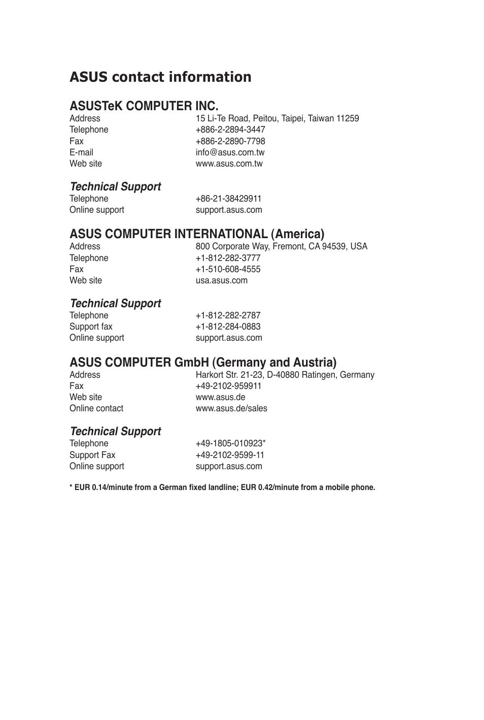 Asus contact information, Asustek computer inc, Asus computer international (america) | Asus computer gmbh (germany and austria), Technical support | Asus M5A97 PRO User Manual | Page 127 / 128