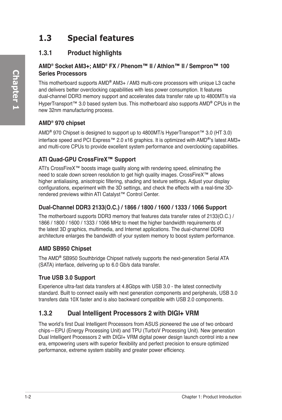 3 special features, 1 product highlights, 2 dual intelligent processors 2 with digi+ vrm | Special features -2 1.3.1, Product highlights -2, Dual intelligent processors 2 with digi+ vrm -2, Chapter 1 1.3 special features | Asus M5A97 PRO User Manual | Page 14 / 128